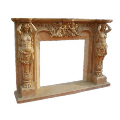 Yellow marble angel carvings fireplace mantel